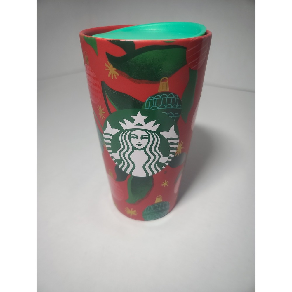 Starbucks 2019 Holiday Ceramic Travel Tumbler Mug Ornaments 12oz Teal Lid